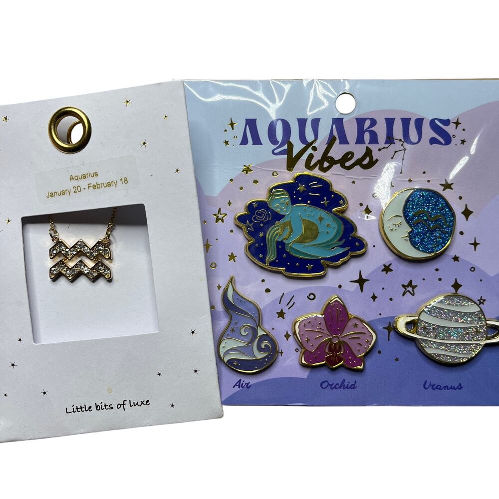 Aquarius Vibes Horoscope Zodiac Pin Necklace Gold Rhinestone Gift Set Astrology